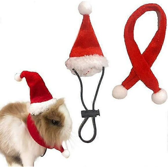 Small Animal Santa Hat With Scarf Christmas Guinea Pig Costume Halloween Rat Cap Rabbit Clothing Set Xmas Gift Clothes Outfit For Sugar Glider