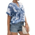 thumbnail image 5 of Xuanfei Women Tie-Dyed V Neck Cuffed Short Sleeve Curved Hem Pullover Blouse, 5 of 7