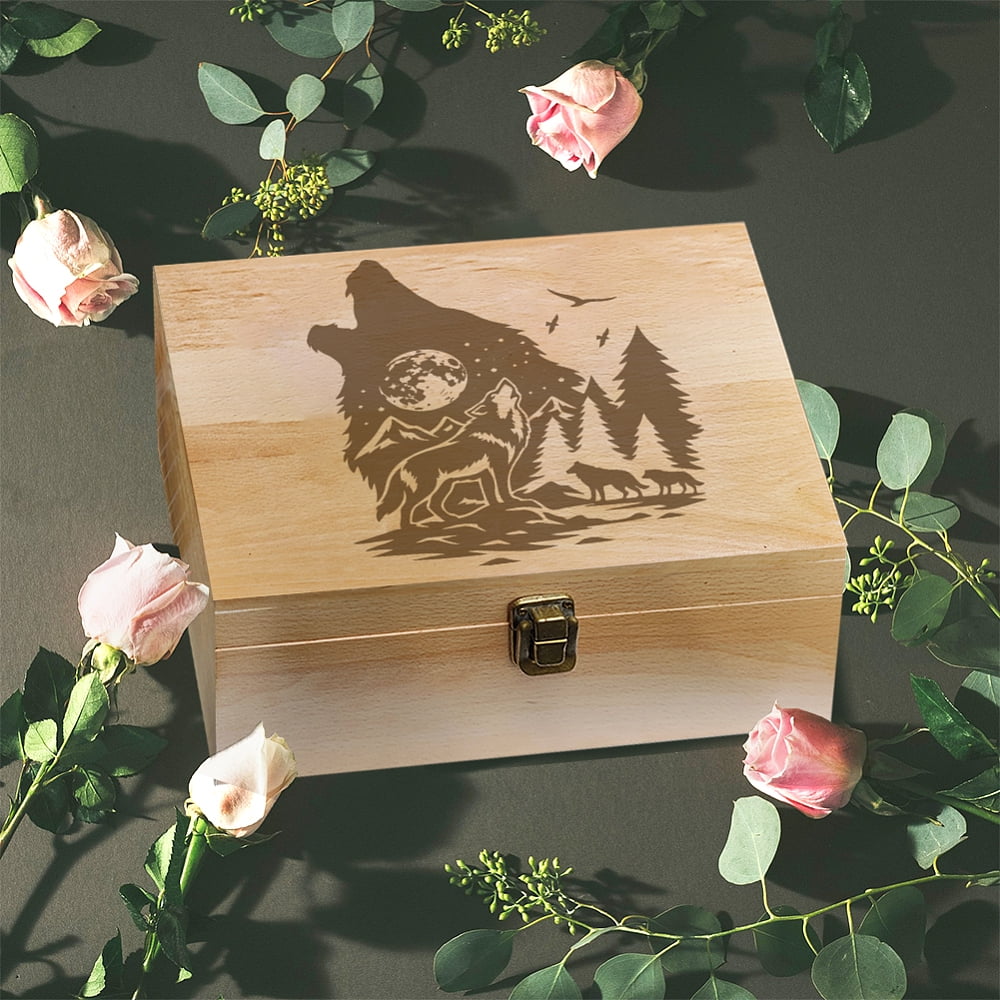 1 Pc Wooden Memory Keepsake Box Wolf Howling Moon Pine Forest Flying Birds Pattern Storage Decorative Memory Wooden Box with Hinge Lids for Photos DVDs Letters Holding 24.5x19.5x10.3cm DIY