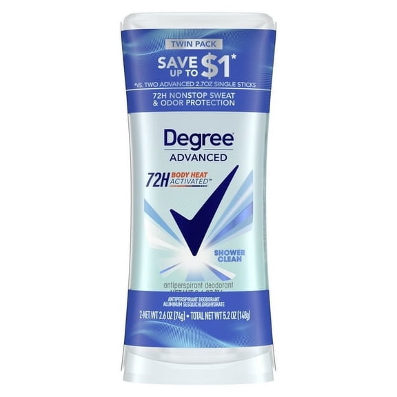 Degree Advanced Women's Antiperspirant Deodorant Stick Twin Pack Shower Clean, 2.6 oz (2 Pack)