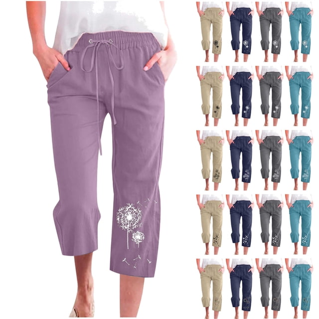 QATAINLAV Pantalon Capri pour Femmes Décontracté Été à Cordon Élastique Taille Haute Pantalon en Lin Mode Imprimé Papillon Capris de Détente Jambe Grand Pantalon Court Rabais de 90 % Liquidation Beige G