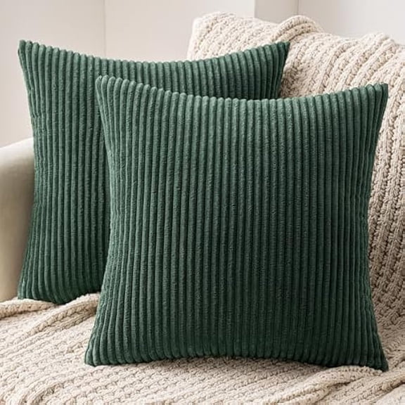 Eryueer Set of 2 Striped Corduroy Square Throw Pillow Case Soft Cushion Cover Sham Home for Sofa Chair Couch/Bedroom Decorative Fluffy Large Pillowcases 20x20 Inch 50x50cm Dark green