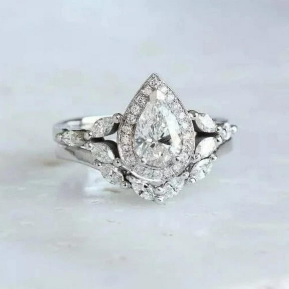 Halo & Leafy Band Bridal Set in 925 Silver 14K White Gold Over Women Engagements Ring