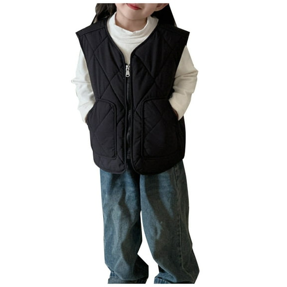 Odeerbi Teen Boys Girls Quilted Puffer Vest Fall Winter Thermal Gilet Down Vest Kids Cotton Inner Wear Thick Plush Sleeveless Jacket Coat Outerwear Teen Clothes Black