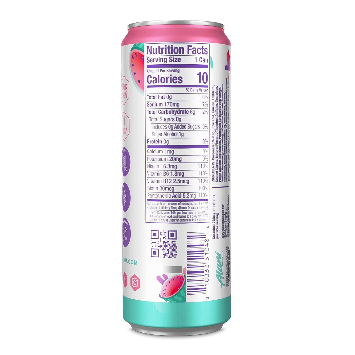 Alani Nu Energy Drinks, Watermelon Wave, Sugar-Free, 12 fl oz Low-Calorie Energy Boost (Pack of 6)