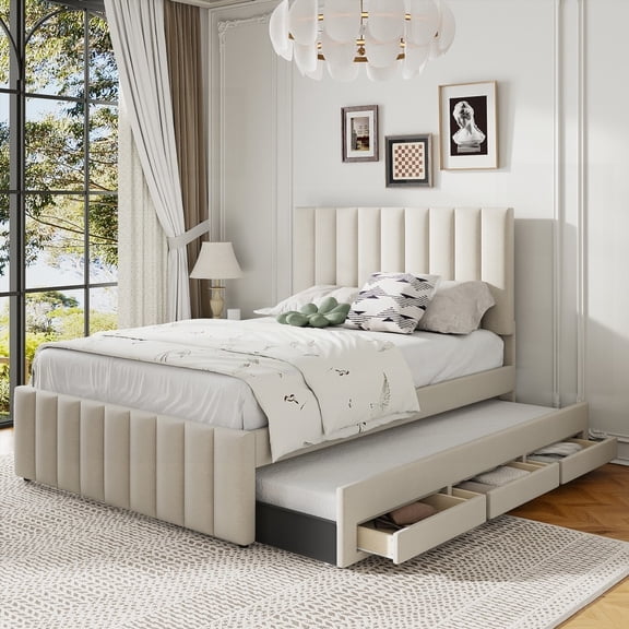 Beige Full Size Upholstered Platform Bed Having Twin Trundle & 3 Drawers, Linen Fabric, Fun & Adorable Design