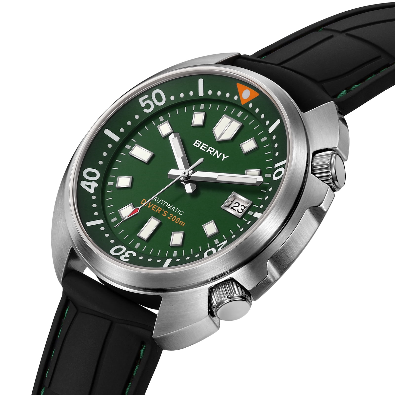 BERNY Automatic Dive Watches for Men, Sport 200M Waterproof Analog Mechanical Watch with Date Display, Super Luminous, Silicone Strap, Sapphire Crystal, Fashion Men's Diver Watch (Green)