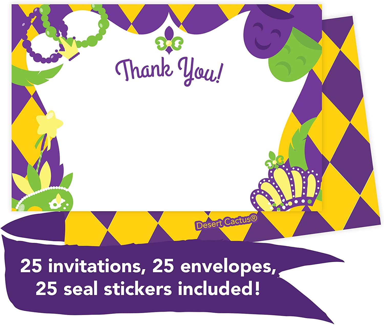 Mardi Gras Thank You Cards 25 Count With Envelopes And Seal Stickers Bulk Birthday Party Bridal Blank Graduation Kids Children Boy Girl Baby Shower Walmart Com Walmart Com