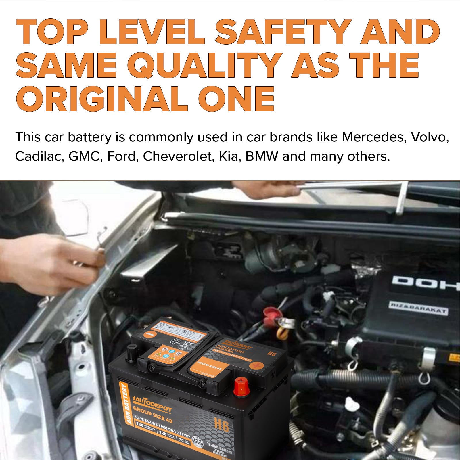 1AUTODEPOT BCI Group 48 Battery, AGM 12 Volt Rechargeable Automotive Batteries for Car, H6 760CCA 70Ah 120RC, Maintenance Free