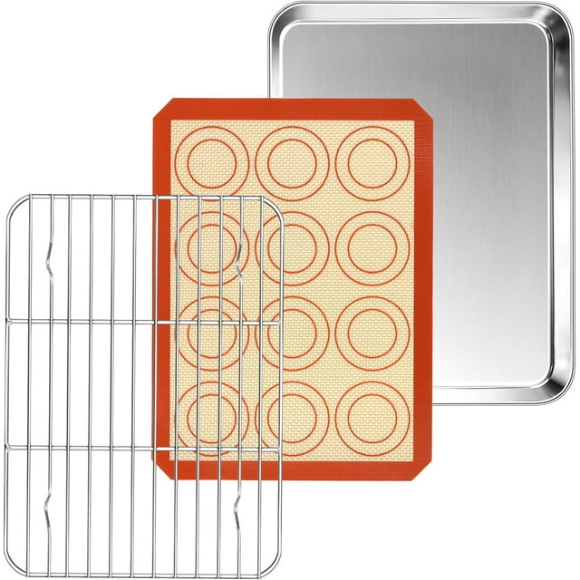 Shiyou-petit Four Grille-Pain avec Grille et Tapis, Plateau en Acier Inoxydable de 10.4 Pouces, Grille de Refroidissement et Tapis en Silicone pour Petit Four et Usage Individuel, Non Toxique et Facile à Nettoyer