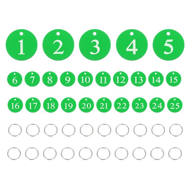 25PCS Number Tags 1-25, Number Key Tags Aluminum Numbered Tags Metal Key Tags Keychain with Key Rings for Organizer Field Sales Hangers Clothes Labels ID Tag, Green