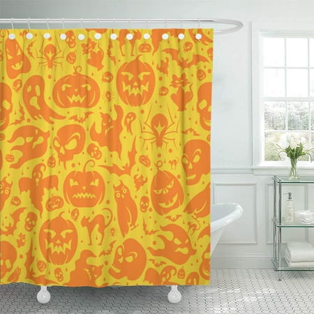 KSADK Brown Doodle Halloween Pumpkin Cat Bat Ghost Skull Yellow Pattern Shower Curtain 66x72 inch
