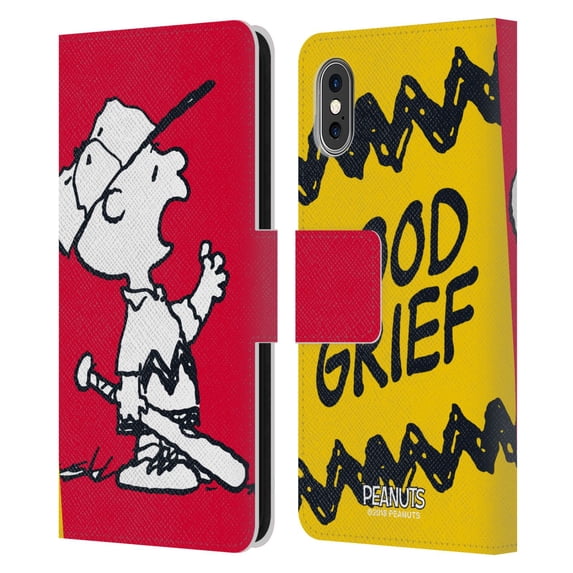 Head Case Designs Officially Licensed Peanuts Halfs And Laughs Charlie Good Grief Leather Book Wallet Case Cover Compatible with Apple iPhone X / iPhone XS
