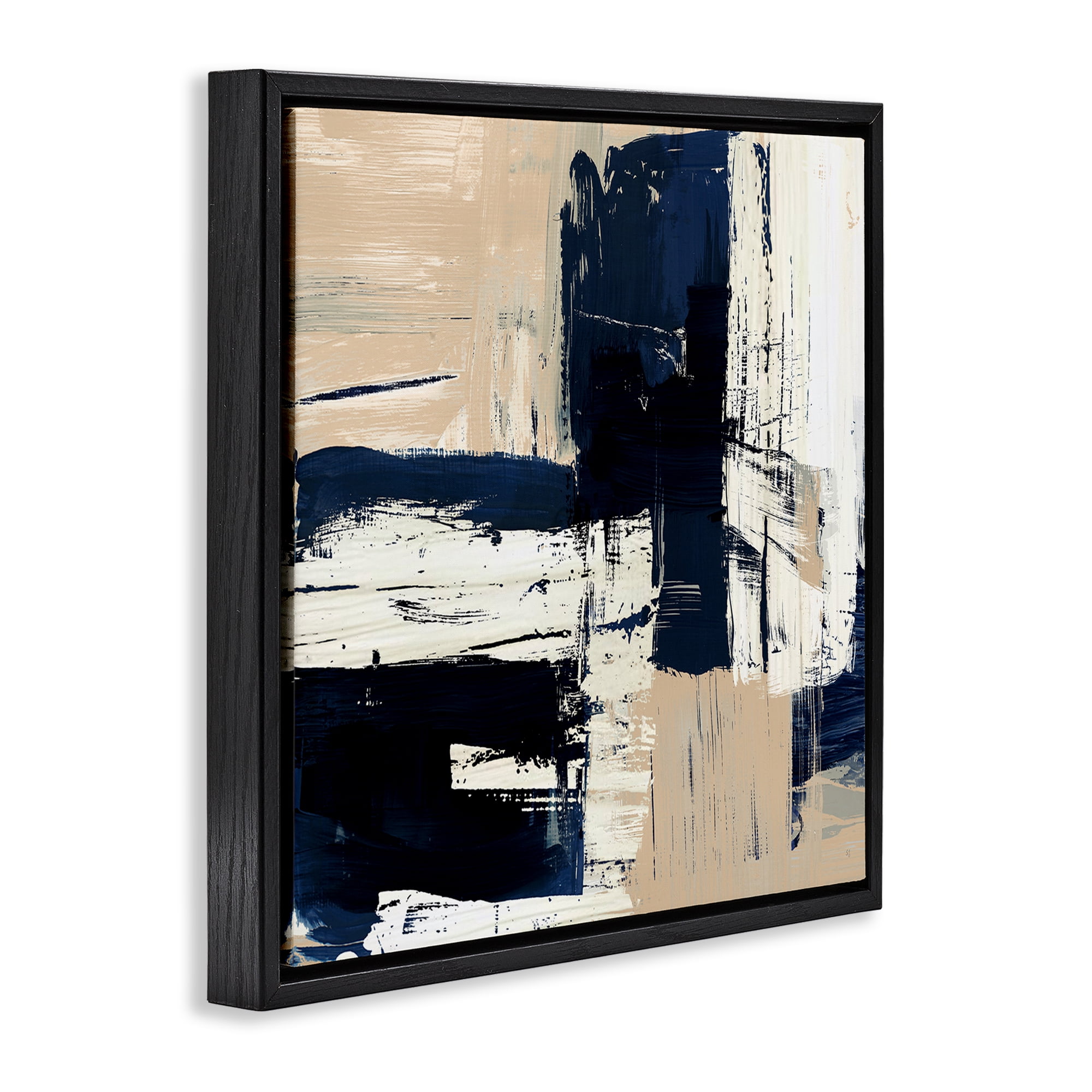 Stupell Industries Expressive Blue Tan Shapes Abstract Painting Black Floater Framed Canvas Art Print Wall Art, 25 x 25