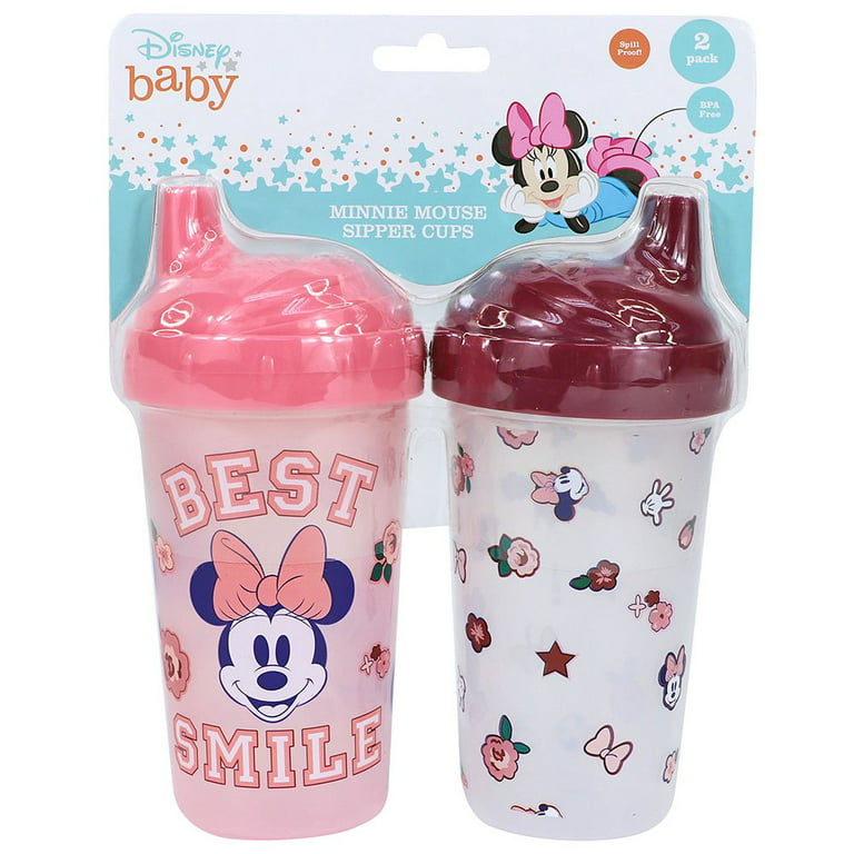 Disney Cudlie Minnie Mouse Baby Girl 2 Pack of 6 oz Sippers Handles Pop Up Straw Character Molded Lid in Pink & Purple