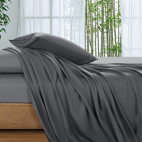 100% Viscose Derived from Bamboo Queen Bed Sheets 4 Piece Set Deep Pocket Cooling Soft Breathable Sateen Dark Grey