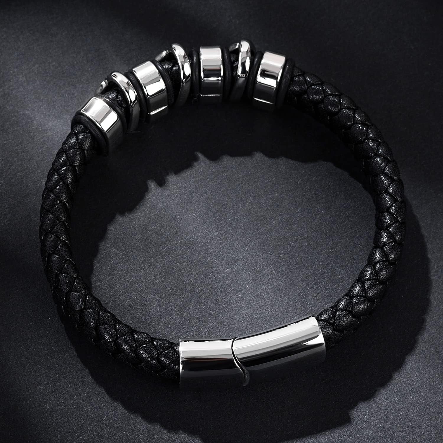 Leather Bracelet for Men Braided Cuff Wristband Stainless Steel Clasp in Silver and Gold Jewellery Gift