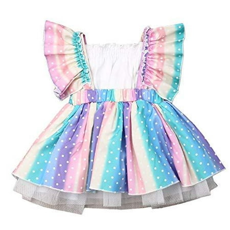 

Styles I Love Baby Girls Dots Rainbow Ruffle Romper Dress with White Tube Top 2pcs Outfit Summer Birthday Party Tulle Dress