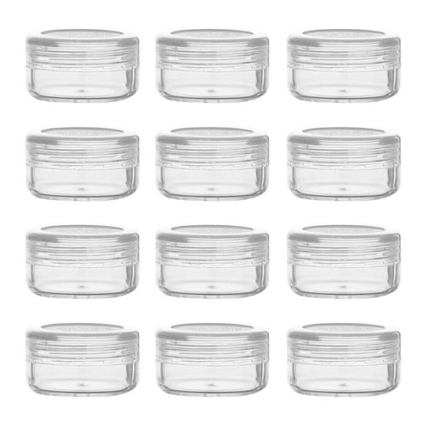 12 frascos redondos transparentes de acrílico vacíos en gramos, recipientes para cosméticos, loción, crema, maquillaje, cuentas, sombra de ojos, diamantes de imitación, muestras (tapa transparente)