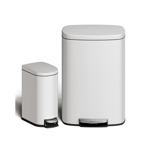 Step-On Trash Can Set – 13.2 & 2.6 Gal Stainless Steel – Soft-Close Lid & Removable Buckets – Odor Control – Slim Rectangular – Kitchen, Bathroom & Office