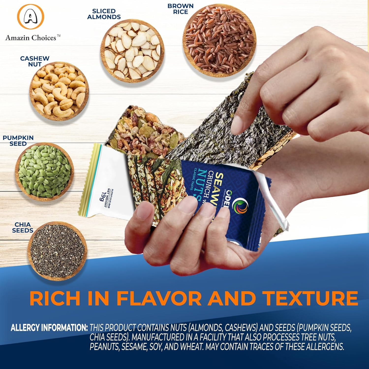 Amazin Choices Seaweed Crunch with Nuts, Classic Taste, Seaweed Sandwich, Seaweed Snack 16-pack ( Paper Box )