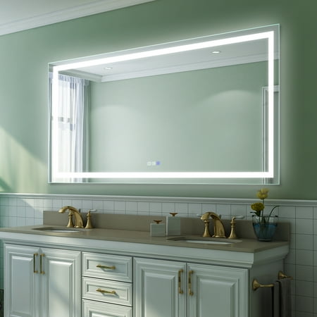 

Petsdo LED Bathroom Mirror 72 x 38 inch Anti Fog Time Thermometer Not Dimmable Color Temper 3000-6400 90+ CRI Waterproof IP44 Horizontal Wall Mounted Way Only
