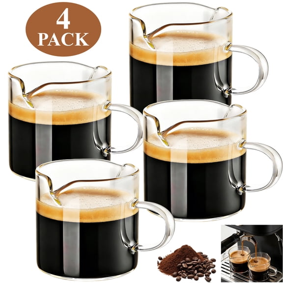 Aovky Set of 4 Espresso Cups, 4 oz Double Pour Spout Cups, Glass Espresso Shot Cups with Handle, Clear Glass Milk Cups for Espresso Machine Coffee Accessories