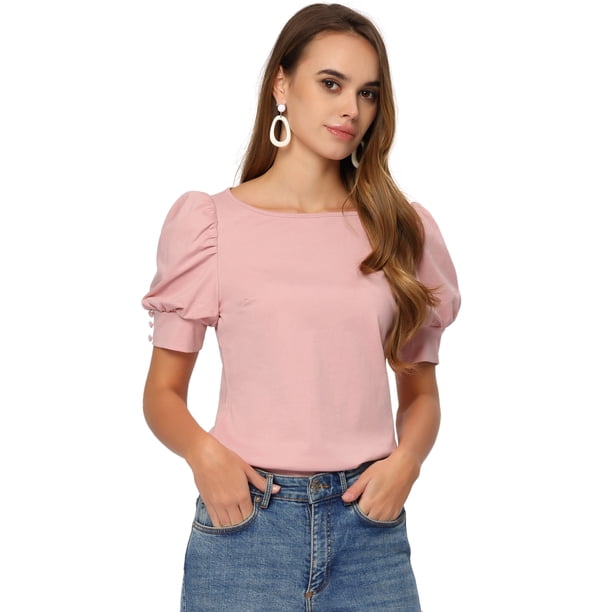 Blusa de manga farol para mujer, camiseta informal con cuello de barco Rosa S