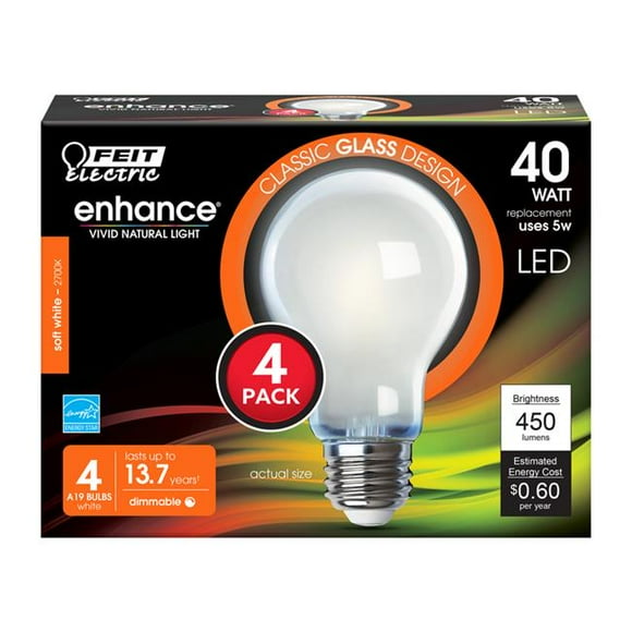 Feit Electric 3933280 40 watt Equivalence Enhance 5 watt 450 Lumen A-Line A19 LED Bulb, Soft White - Pack of 4