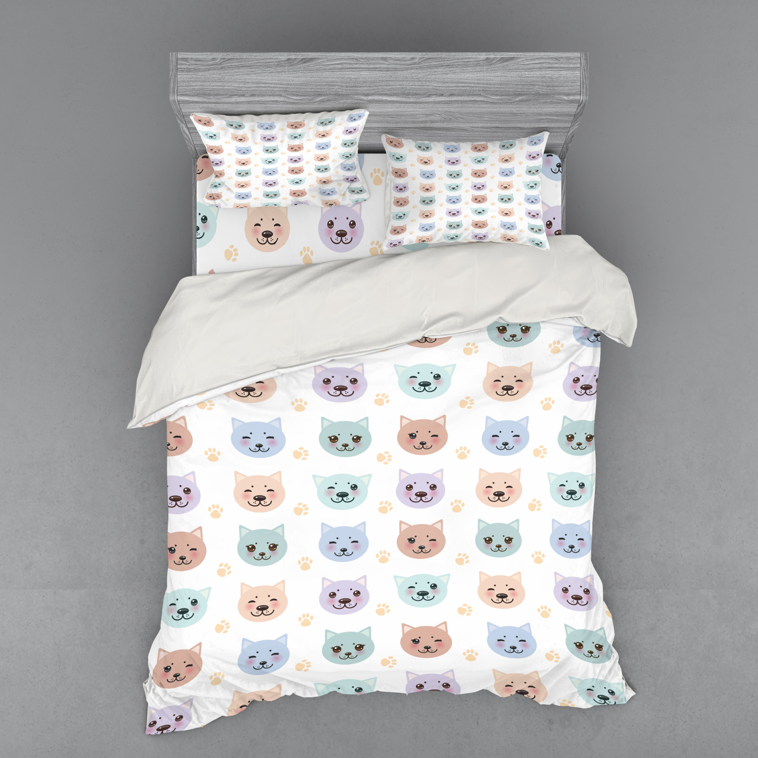 Cat Duvet Cover Set, Smiling Cat Muzzle and Paw Prints Pattern on