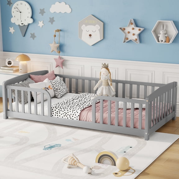 Alvantor Twin Size Floor Bed with Entrance and Guardrails – Low Montessori Wood Bed Frame for Toddlers, Grey