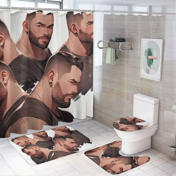 Shower Curtain Set 4 Piece include Shower Curtain and Rugs and Non Slip U Shaped Toilet Rugs Luxury Bathroom Decor Muscle Man