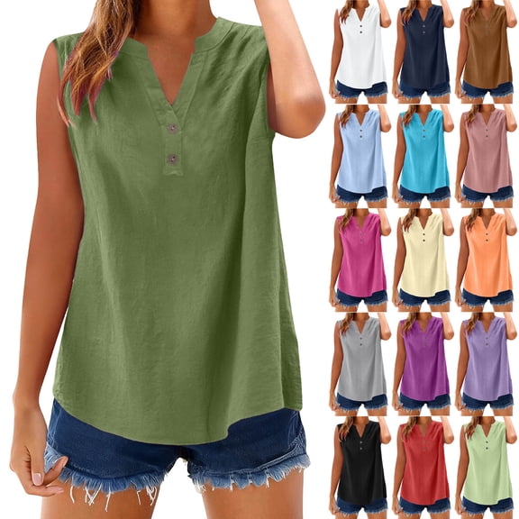 Xuniizn Linen Shirts for Women Sleeveless Button V Neck Solid Loose Summer Tunic Tops Soft Cozy Cotton Casual Beach Holiday T Shirts, S-3XL