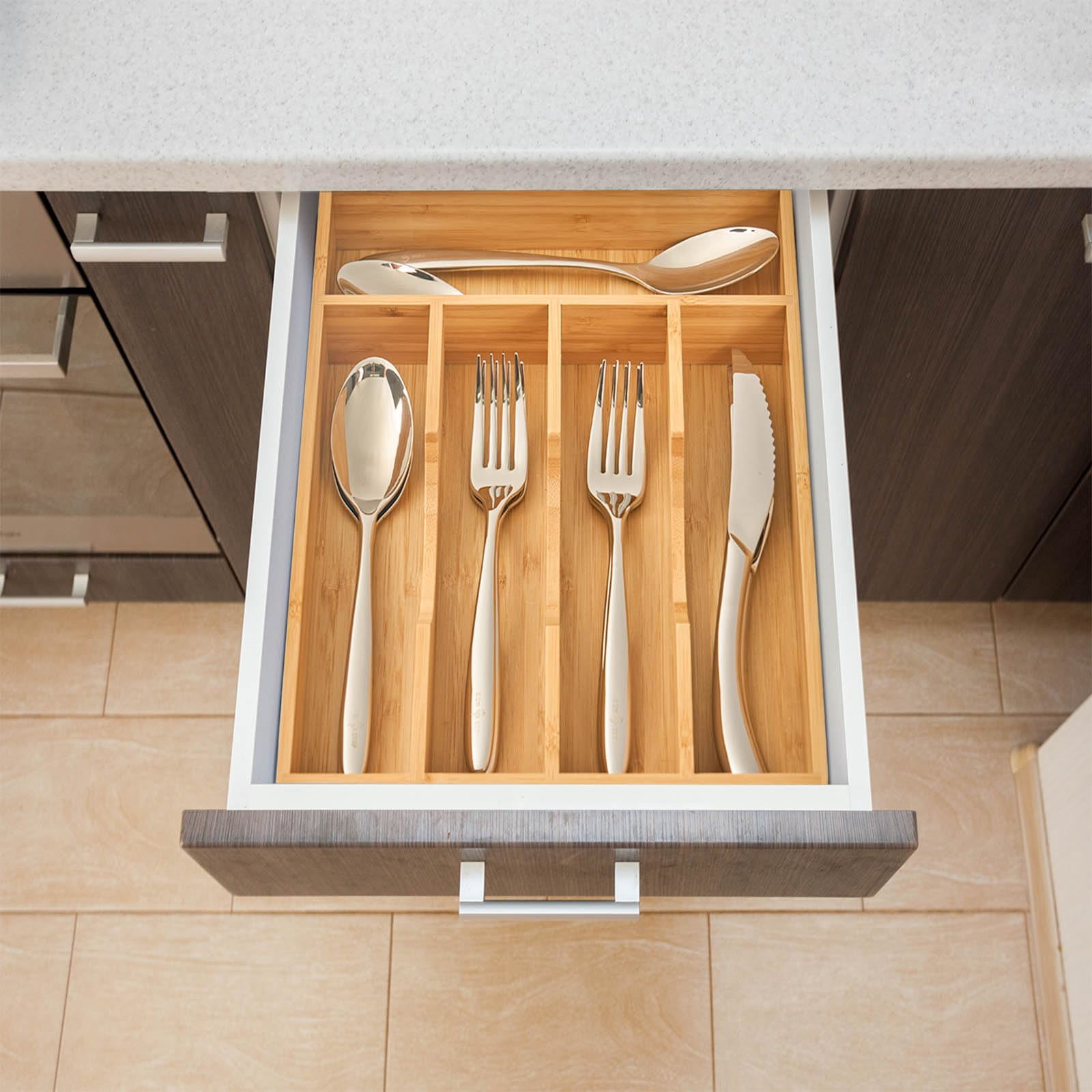 Bamboo Kitchen Drawer Organizer Tray, Silverware Utensils Holder for Small Drawers, Wooden Flatware Cutlery Knives Caddy, Space Saving Design