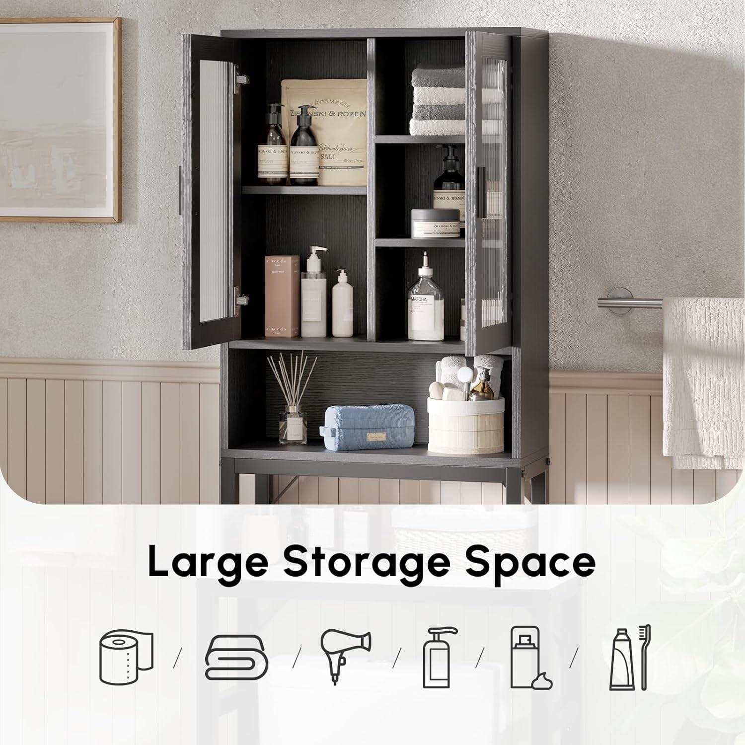 Fil-fresh Over The Toilet Storage Cabinet, Bathroom Organizer with Tempered Glass Doors, Thicken Metal Stand & MDF Wood, Freestanding Space Saver, Black