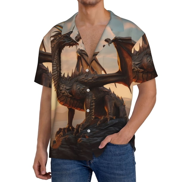 Balery Sky Sunset Bronze Dragon Camisa Casual de Manga Corta con Botones para Hombre, Texturizada, Estilo Cubano, para Playa, Verano-X-Large