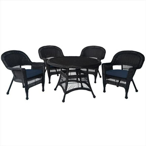 Jeco W00202D-A-G-FS011 5 Piece Espresso Wicker Dining Set - Blue Cushions