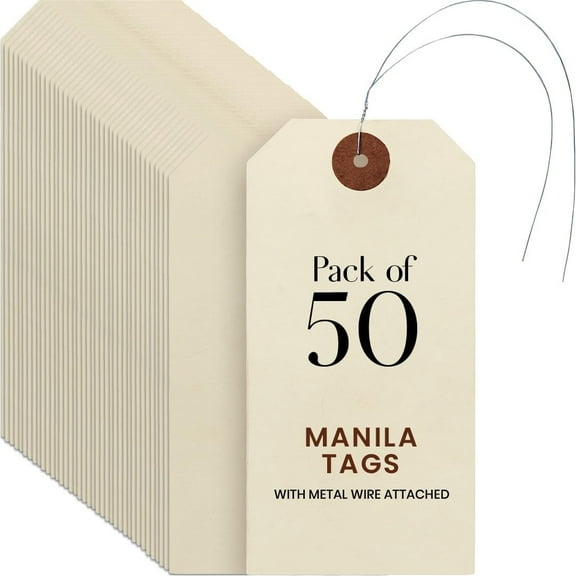 Blank Manila Shipping Tags with Pre-Attached Wire Hangers, Set of 50, Size #5, 9pt Paper Cardstock Hang Tag Label with Reinforced Eyelets, 4 3/4" x2 3/8"