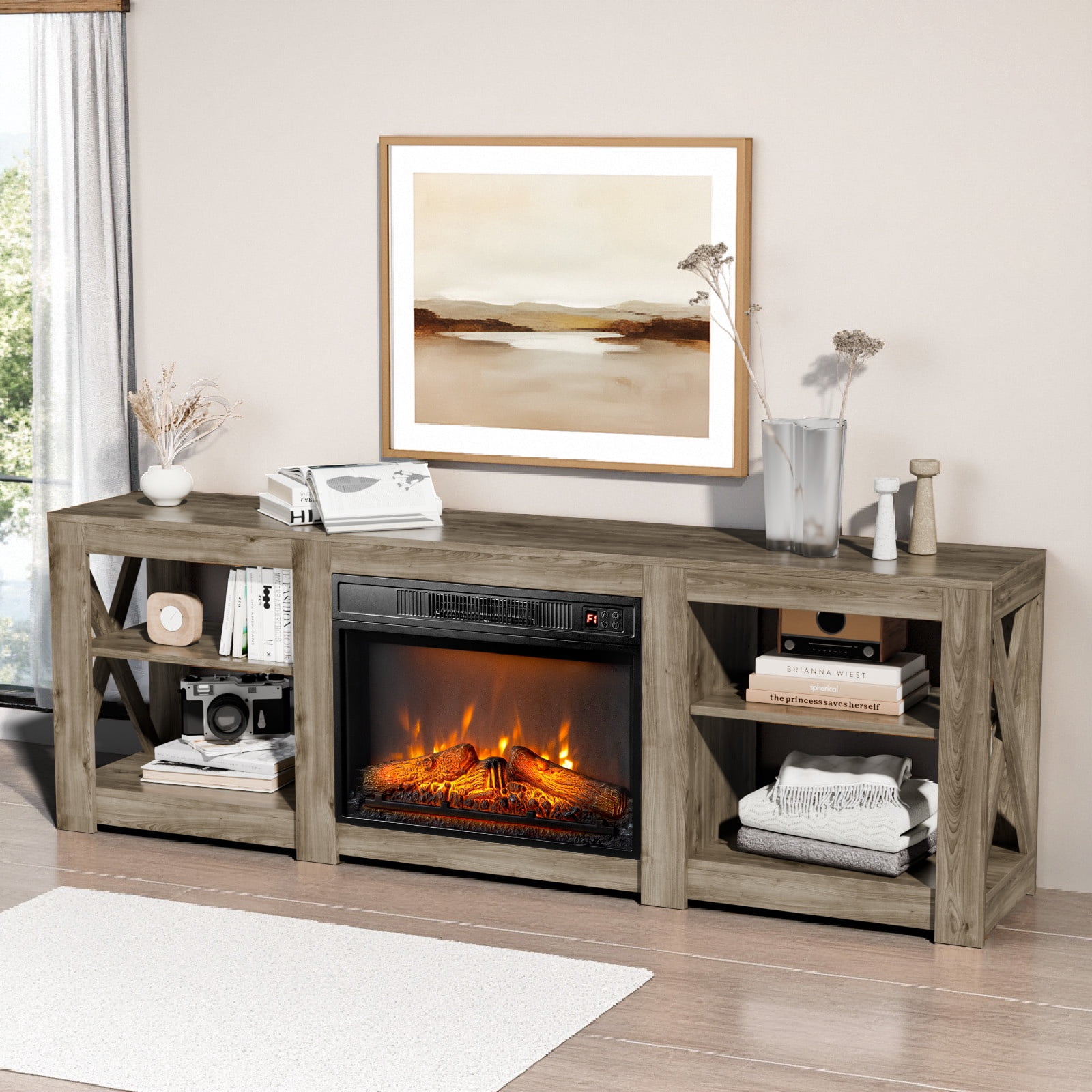 PAPROOS Fireplace TV Stand for 70 Inch TV, Farmhouse TV Stand with 24'' Electric Fireplace, Entertainment Center with Adjustable Shelves, TV Console Table Media Console for Living Room, Vintage Gray
