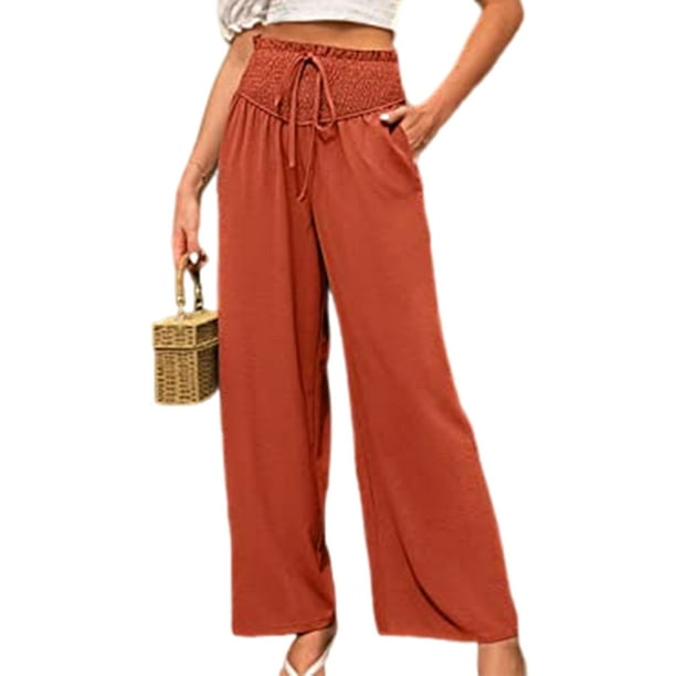 Fashnice Women Pants Wide Leg Trousers Solid Color Palazzo Pant Loose Fit  Holiday Bottoms Brick Red XL 