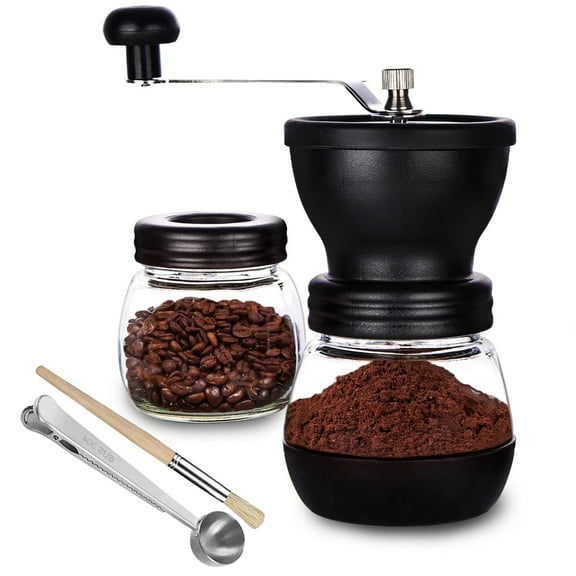 Baalaka Manual Coffee Bean Grinder Small, Ceramic Burr, 2 x 11oz Glass Jars, Stainless Steel Handle for Drip, Espresso, French Press & Turkish Brew