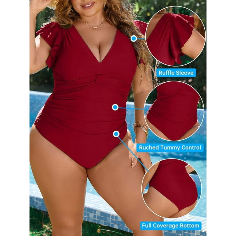 Buy Blooming Jelly Women's Tummy Control Swimsuit One Piece Full Coverage  Plus Size Bathing Suit Retro Ruffle Swimwear, Red and Black, XX-Large at
