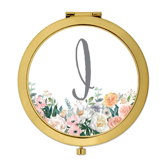 Koyal Wholesale Gold Compact Mirror Bridesmaid's Wedding Gift, Peach Flower Florals on White, Monogram Letter I, 1-Pack