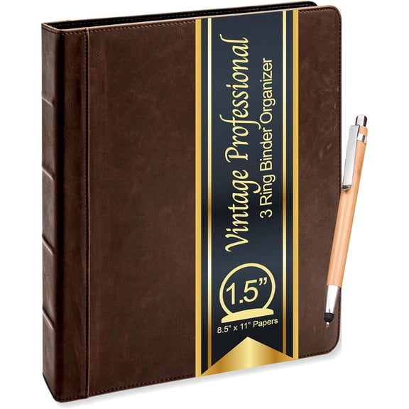 Lee Vintage Professional 3 Ring Binder Organizer, 1.5-inch Round Rings, 8.5" x 11" Sheet Size, 2 Inner Pockets, Appearance of Antique Brown Leather, Pen Included