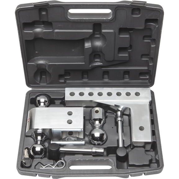 Aluma-Tow Adjustable Aluminum Ball Mount Hitch - 2.5in Receiver, 12k lbs GTWR, 8in Drop/Rise, 3 Balls & Locking Pins/Storage Case