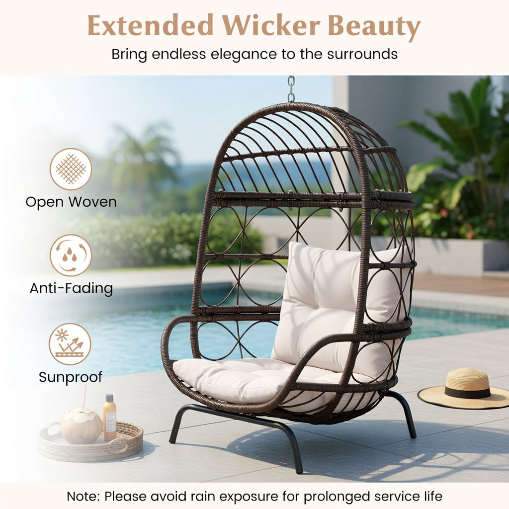 Hommoo Outdoor Wicker Egg Chair with Beige Cushions, PE Rattan Lounge Basket Chair for Patio, Backyard & Poolside, Ergonomic Design, Brown