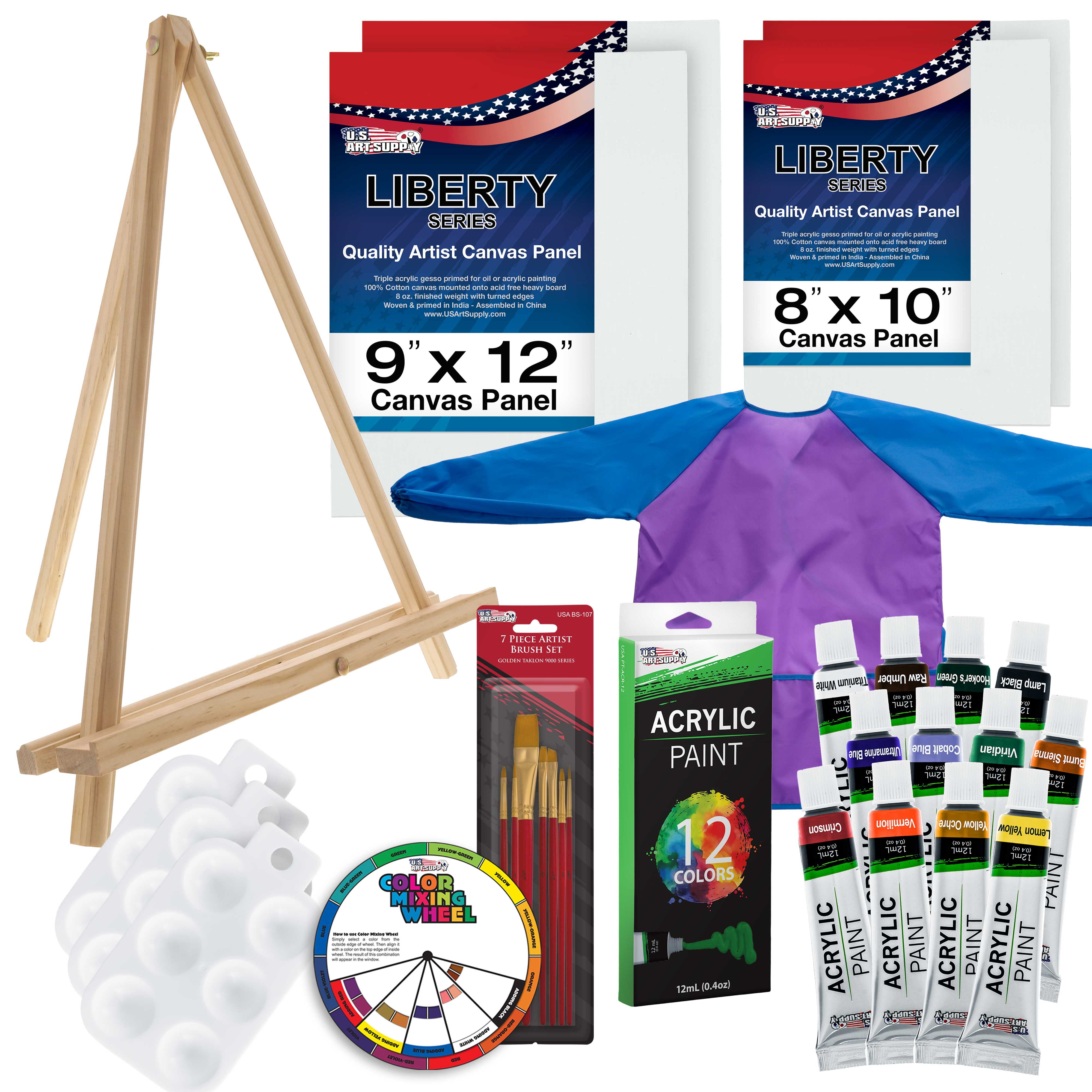 U.S. Art Supply 29 Piece Children's Acrylic Artist Set with Brushes, Easel, Canvas Panels, Smock and more