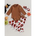 thumbnail image 2 of xiaxaixu Baby Girl Fall Outfits Solid Color Rib Knit Long Sleeve Rompers Pumpkin Print Flare Pants Headband 3Pcs Halloween Clothes Set, 2 of 9