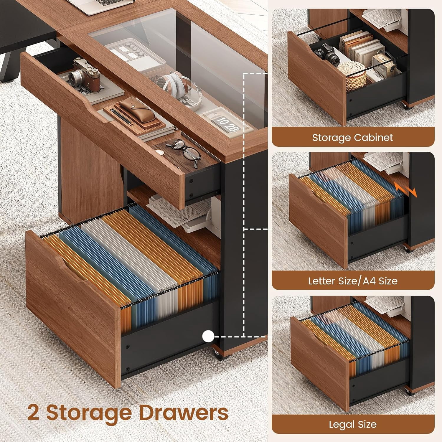 SEDETA L Shaped Computer Desk with Mobile File Cabinet & Power Outlets, Executive Home Office Desk with Storage Drawers, Pegboard, Cable Management, Reversible L Desk for Work & Gaming, Black + Brown