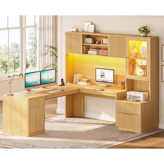 67" x 65" L Shaped Computer Desk with 3 Drawers and Storage Cabinet, Fluted Corner Office Desk with Hutch and RGB LED Lights